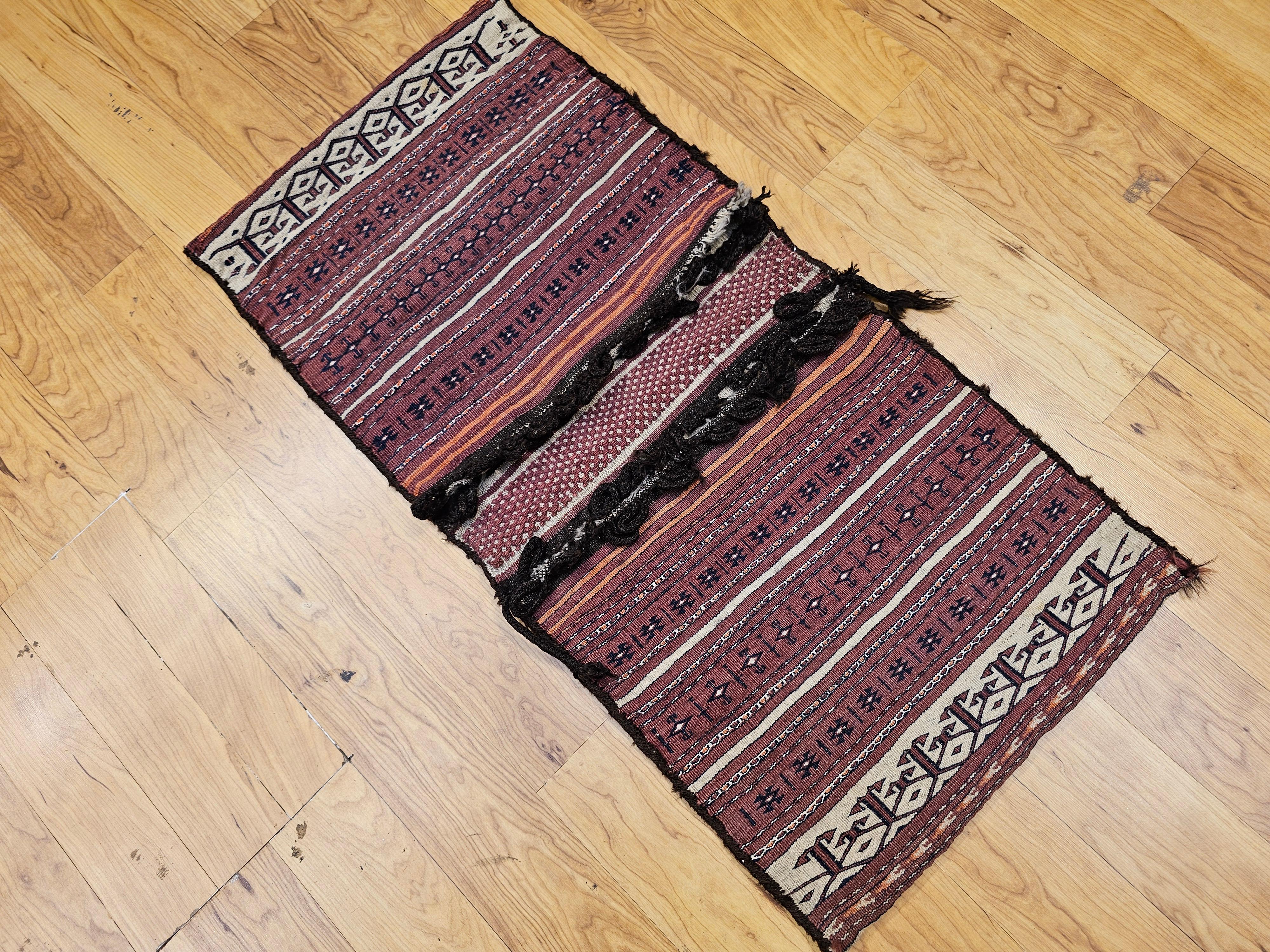 19th Century Turkmen Saddlebag in Tekke Stripe Pattern in Dark Red, Ivory, Brown For Sale 10