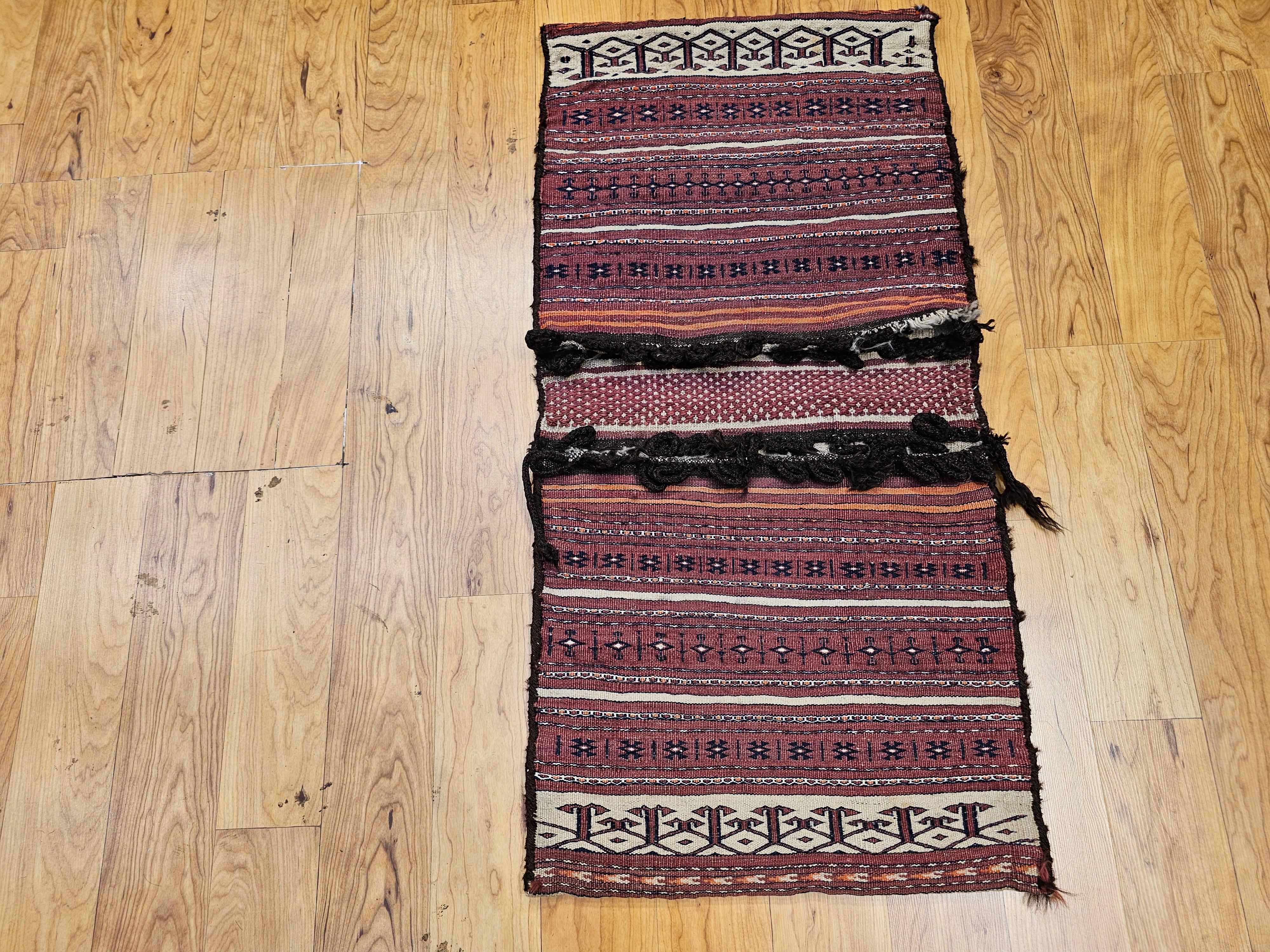 19th Century Turkmen Saddlebag in Tekke Stripe Pattern in Dark Red, Ivory, Brown For Sale 11