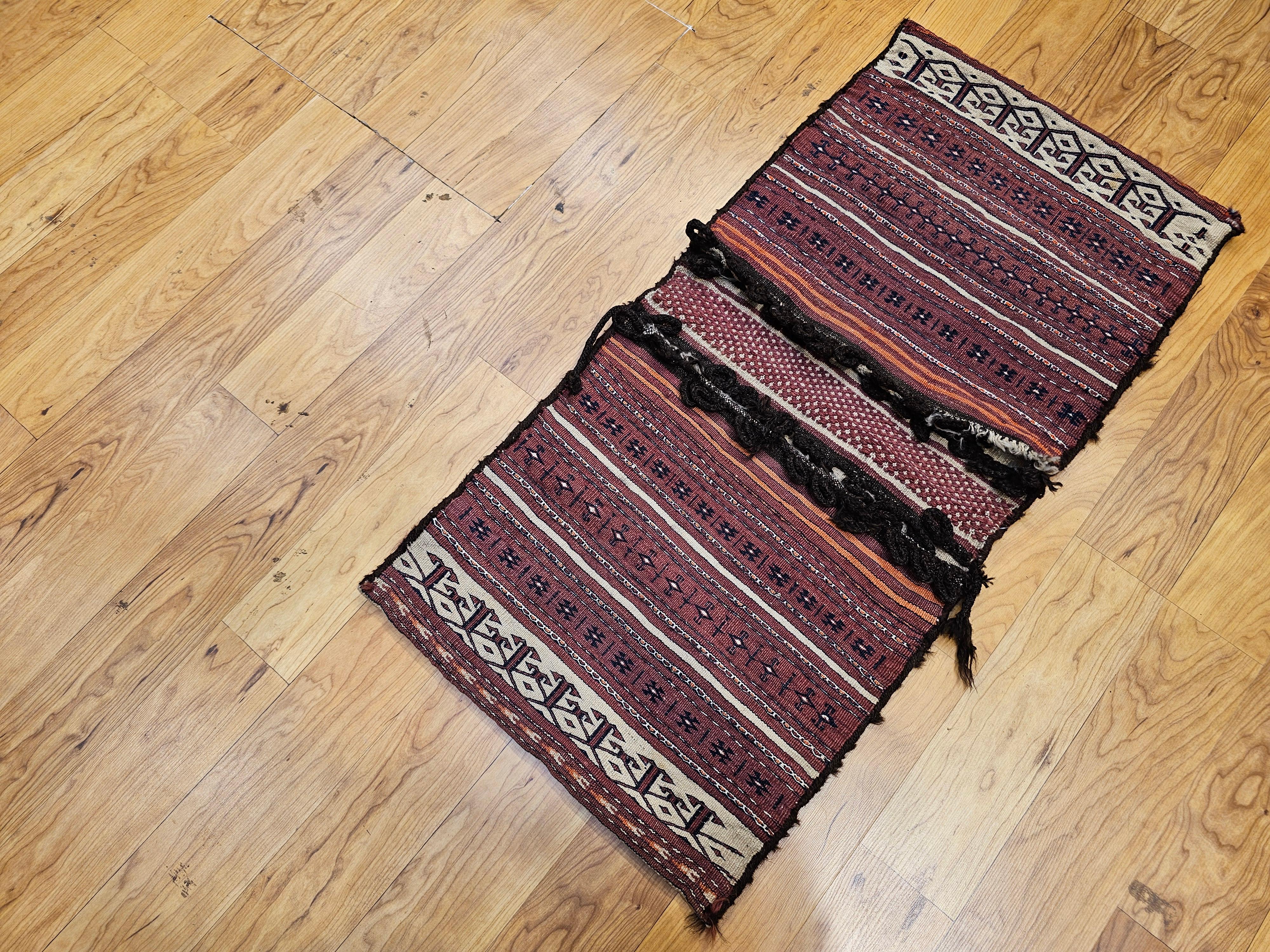 19th Century Turkmen Saddlebag in Tekke Stripe Pattern in Dark Red, Ivory, Brown For Sale 12