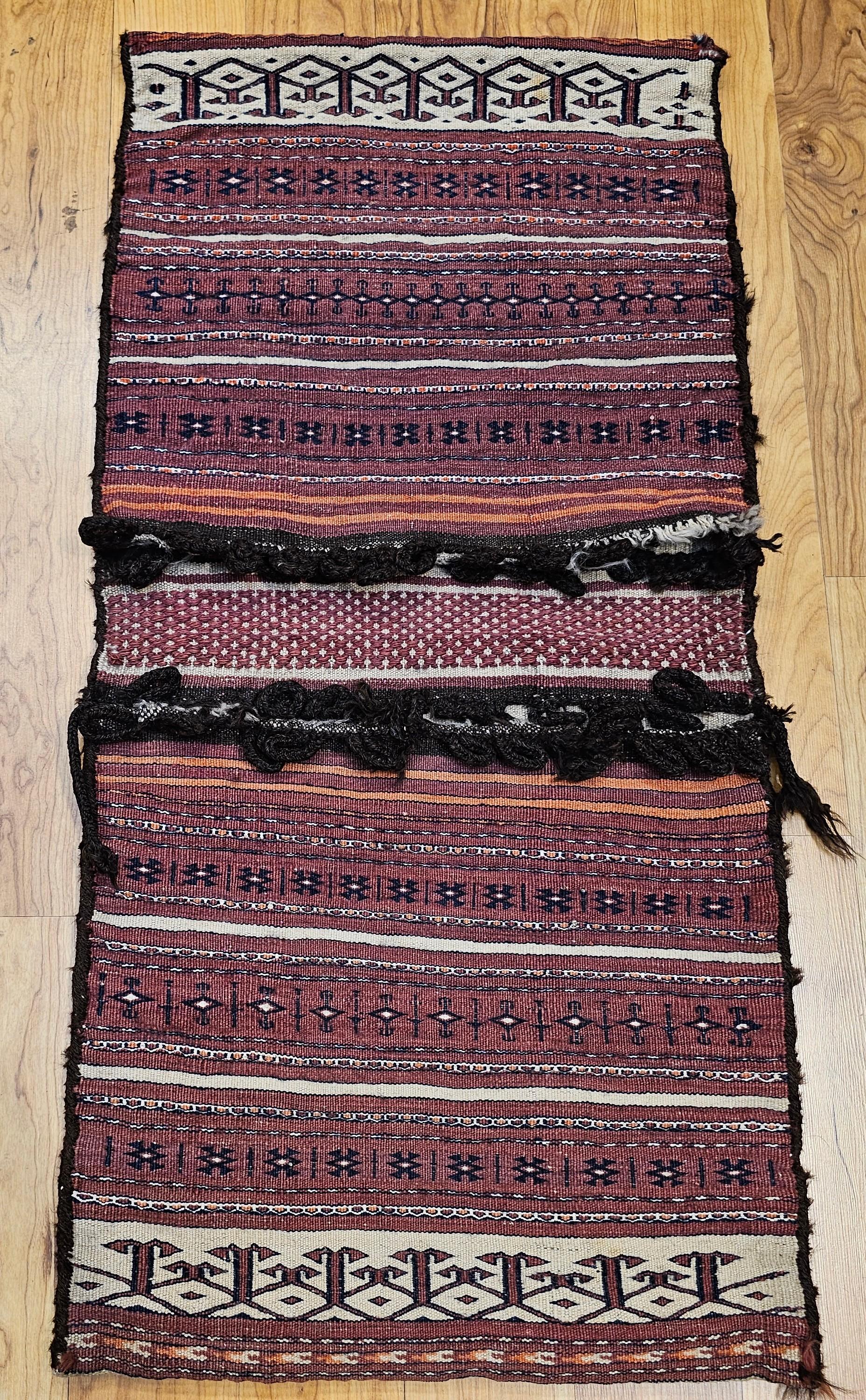 19th Century Turkmen Saddlebag in Tekke Stripe Pattern in Dark Red, Ivory, Brown For Sale 3