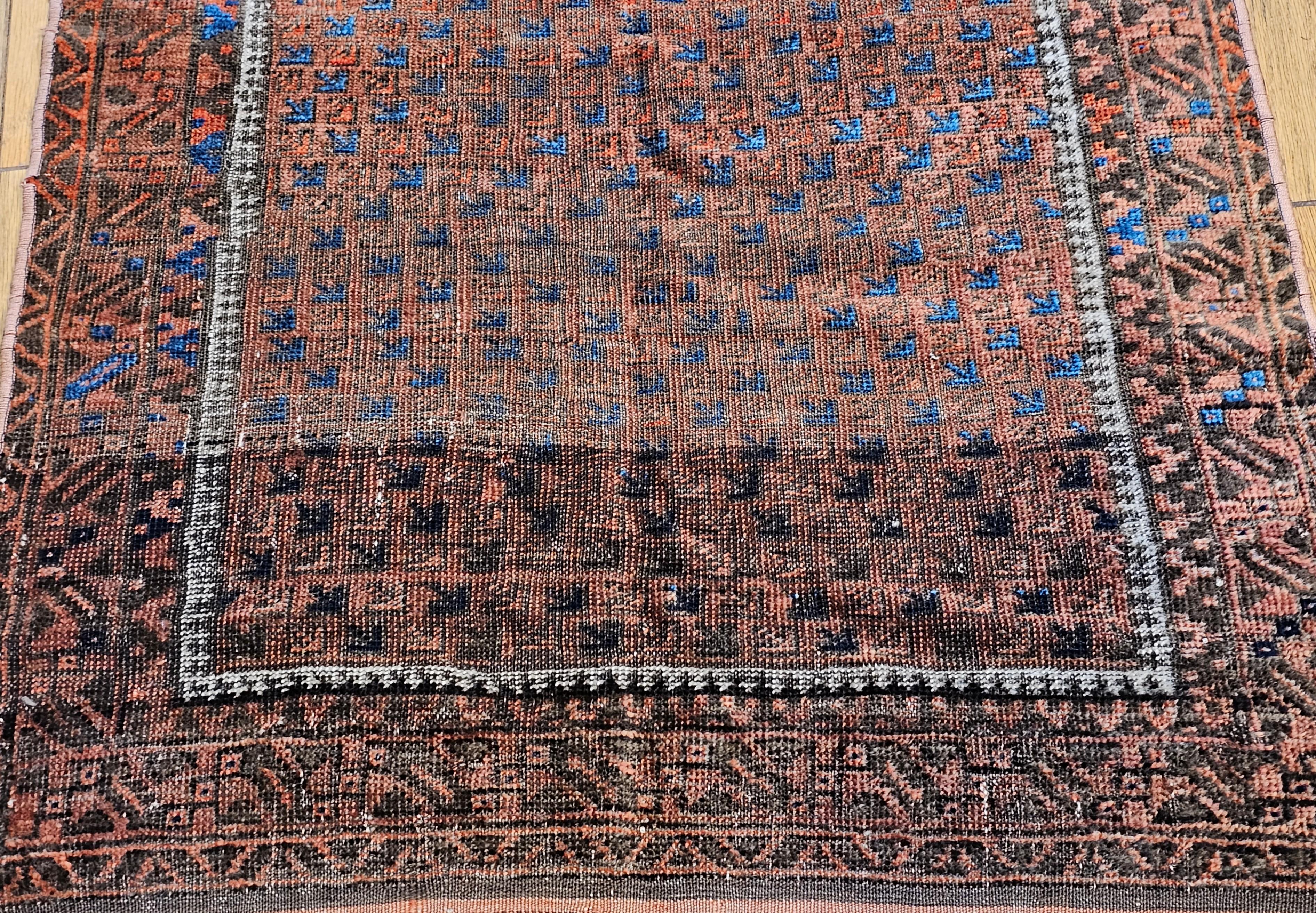 19th Century Turkmen Yomut Area Rug in Prayer Pattern in Dark Red, French Blue For Sale 5