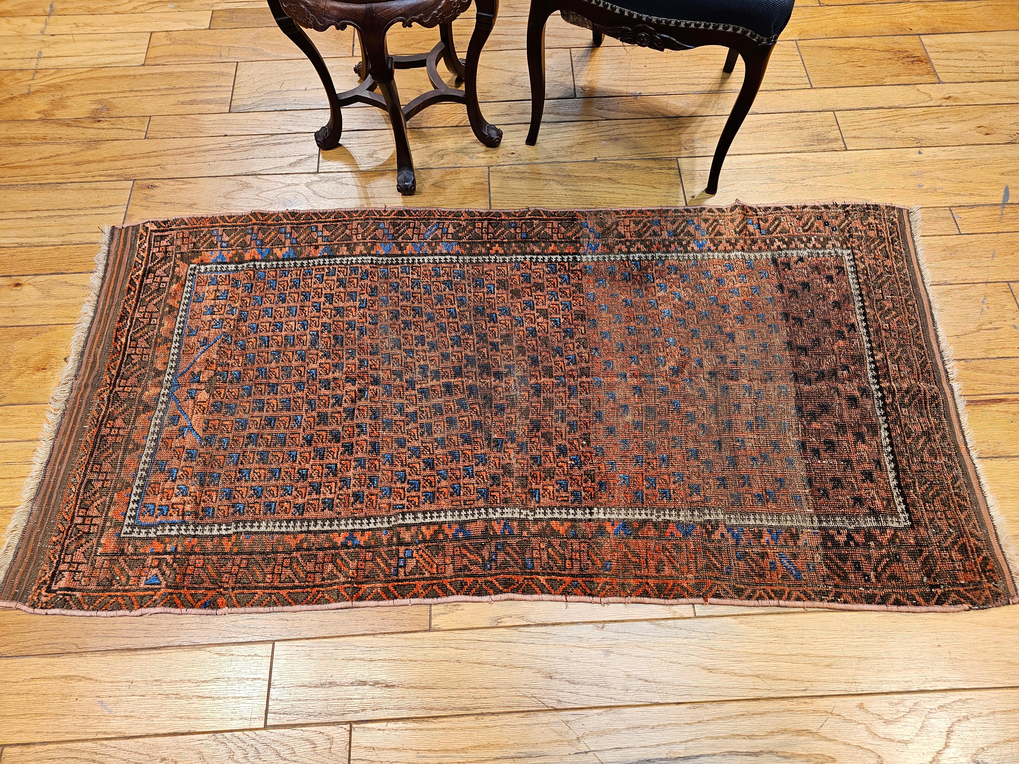 19th Century Turkmen Yomut Area Rug in Prayer Pattern in Dark Red, French Blue For Sale 8