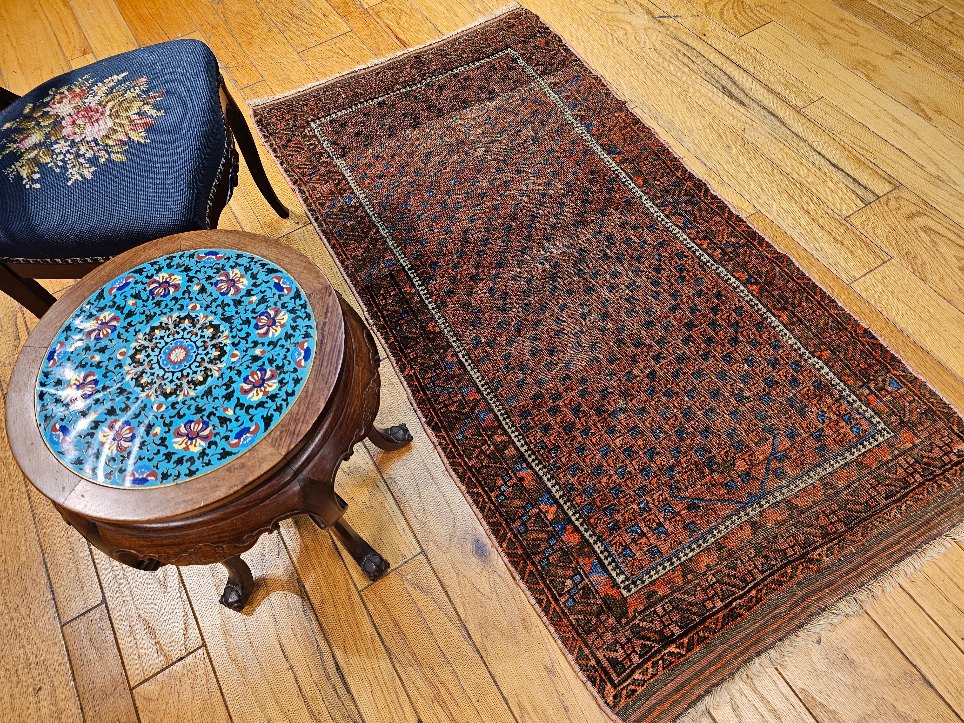 19th Century Turkmen Yomut Area Rug in Prayer Pattern in Dark Red, French Blue For Sale 9