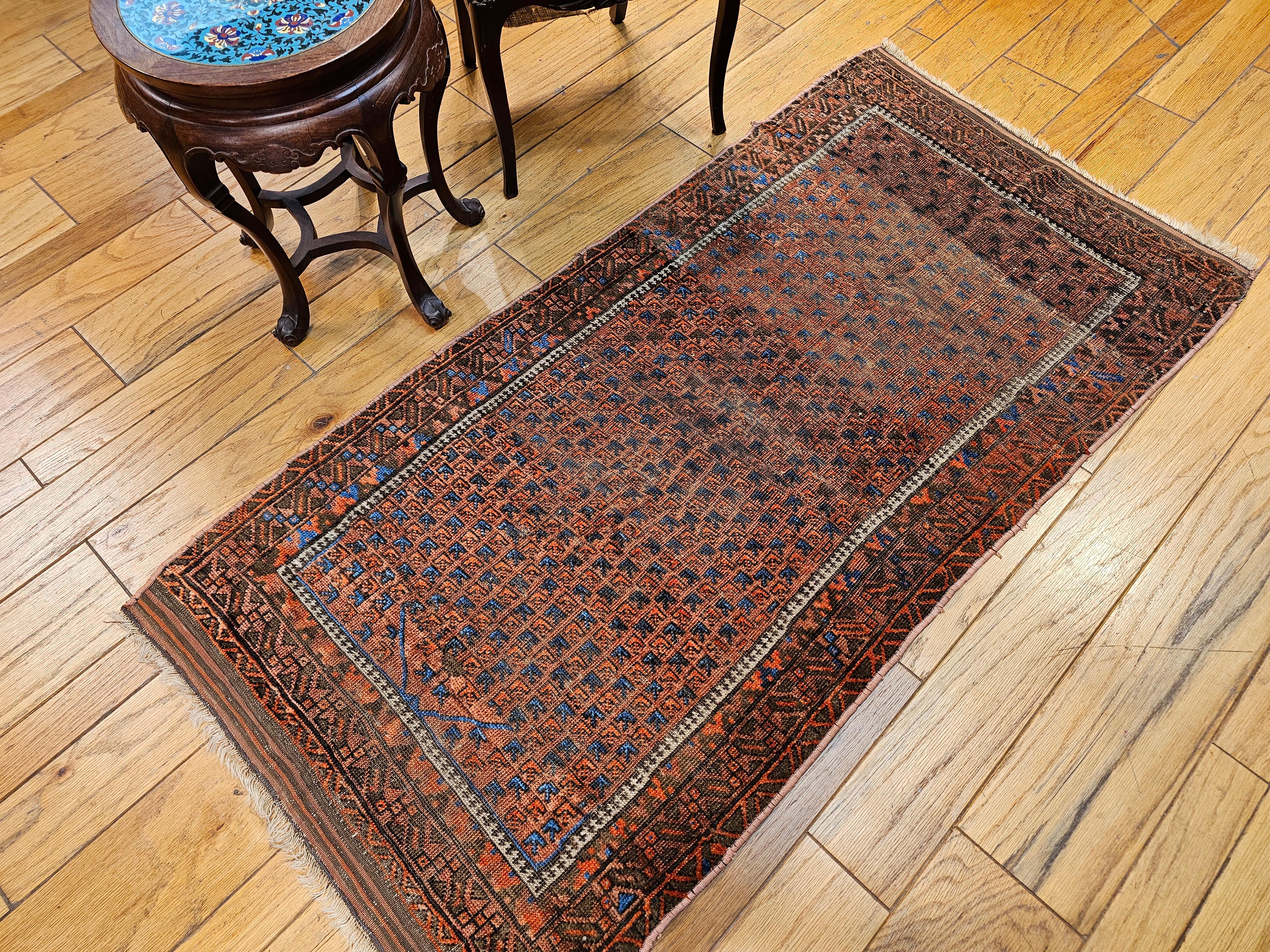19th Century Turkmen Yomut Area Rug in Prayer Pattern in Dark Red, French Blue For Sale 10