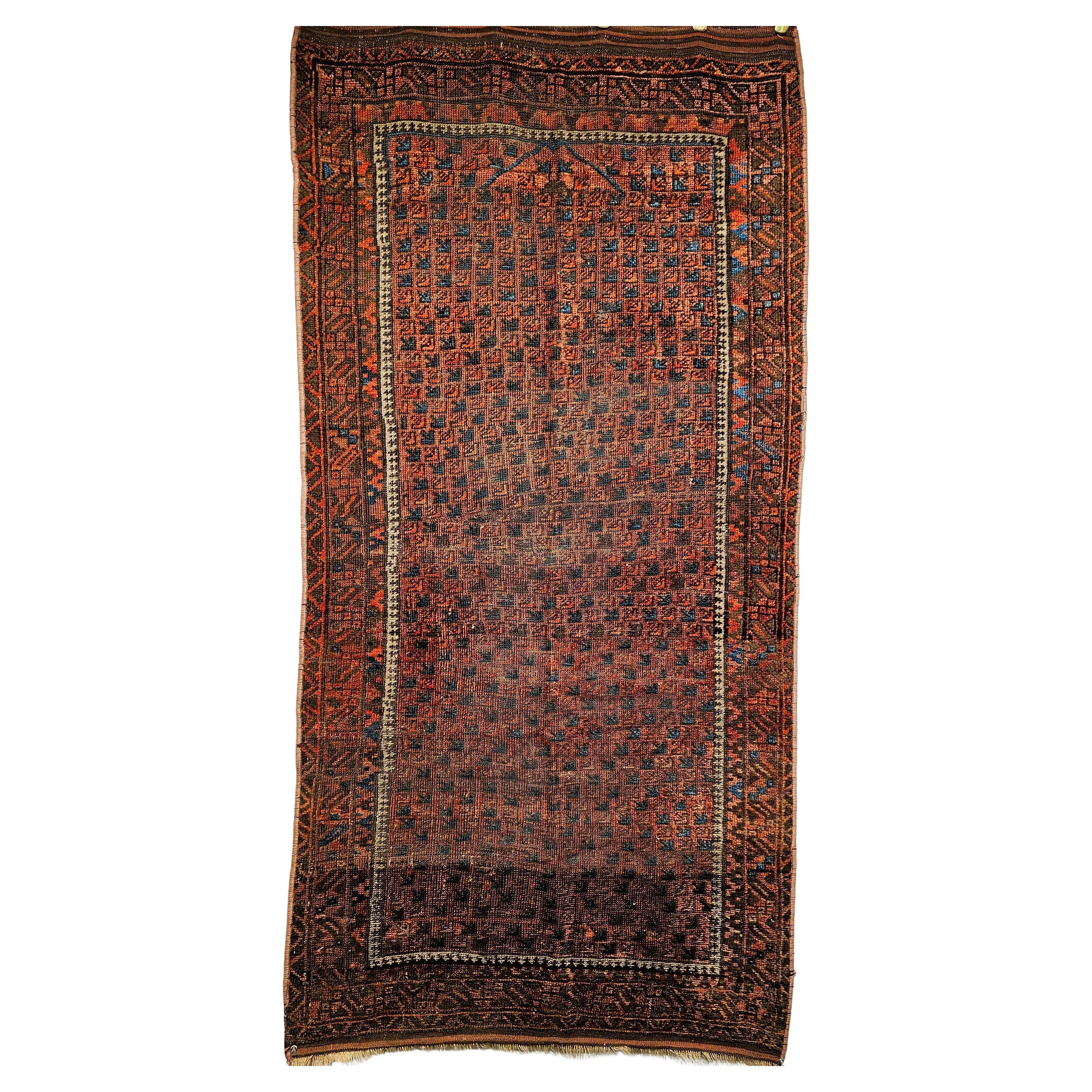 Yomut turkmeno del XIX secolo  Tappeto con motivo Allover in Terracotta, Marrone, Blu in vendita