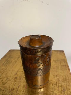 19th Century Turned Etched Wood Cylindrical Lidded Box, Nautical Folk Art USA