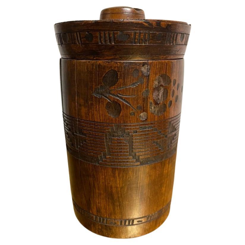 19th Century Turned Etched Wood Cylindrical Lidded Box, Nautical Folk Art USA