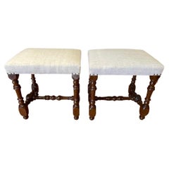19th Century Turned Leg Newly Reupholstered Pair Of Footstools, Italy