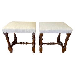 Antique 19th Century Turned Leg Newly Reupholstered Pair Of Footstools, Italy