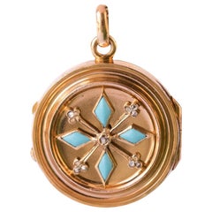 19th Century Turquoise and Rose Cut Diamond Round Locket Pendant