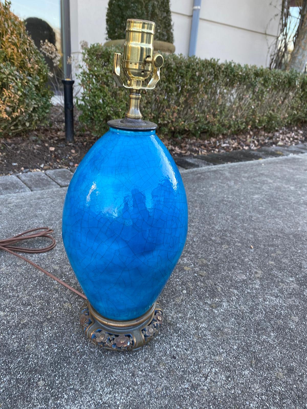 Glazed 19th Century Turquoise Blue Crackle Glaze Bronze Mounted Porcelain Table Lamp