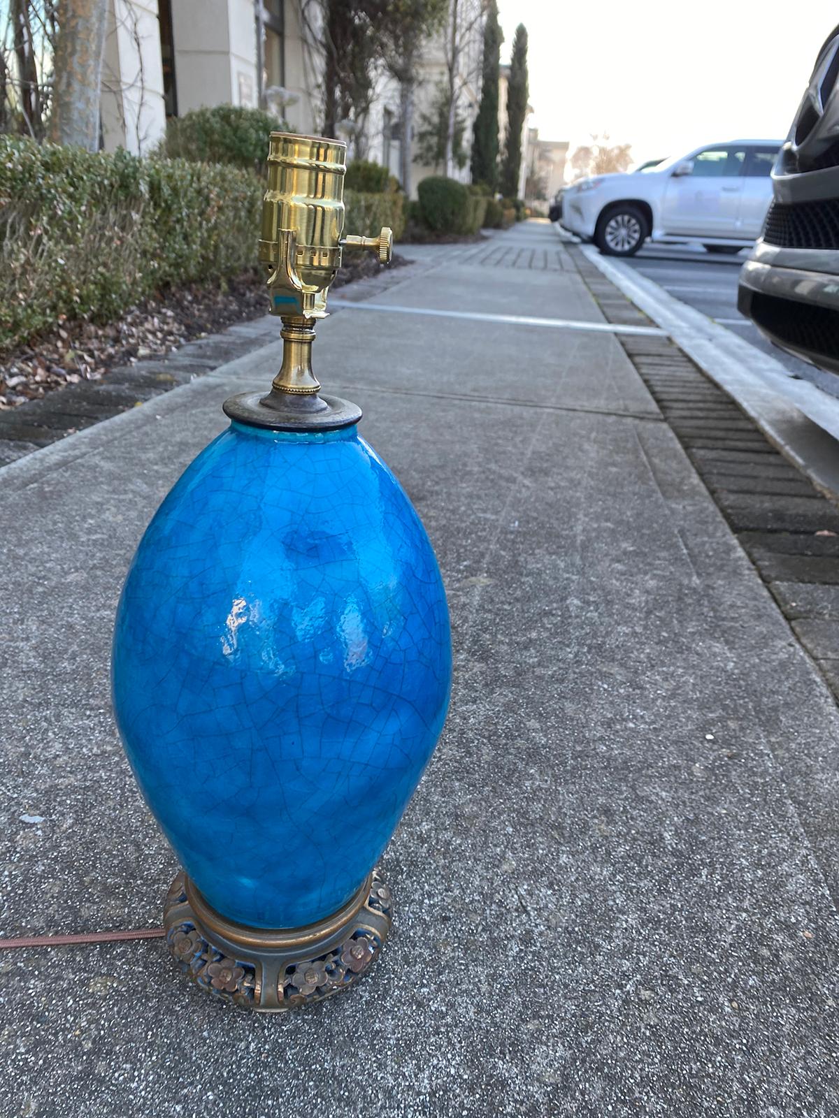 19th Century Turquoise Blue Crackle Glaze Bronze Mounted Porcelain Table Lamp In Good Condition In Atlanta, GA
