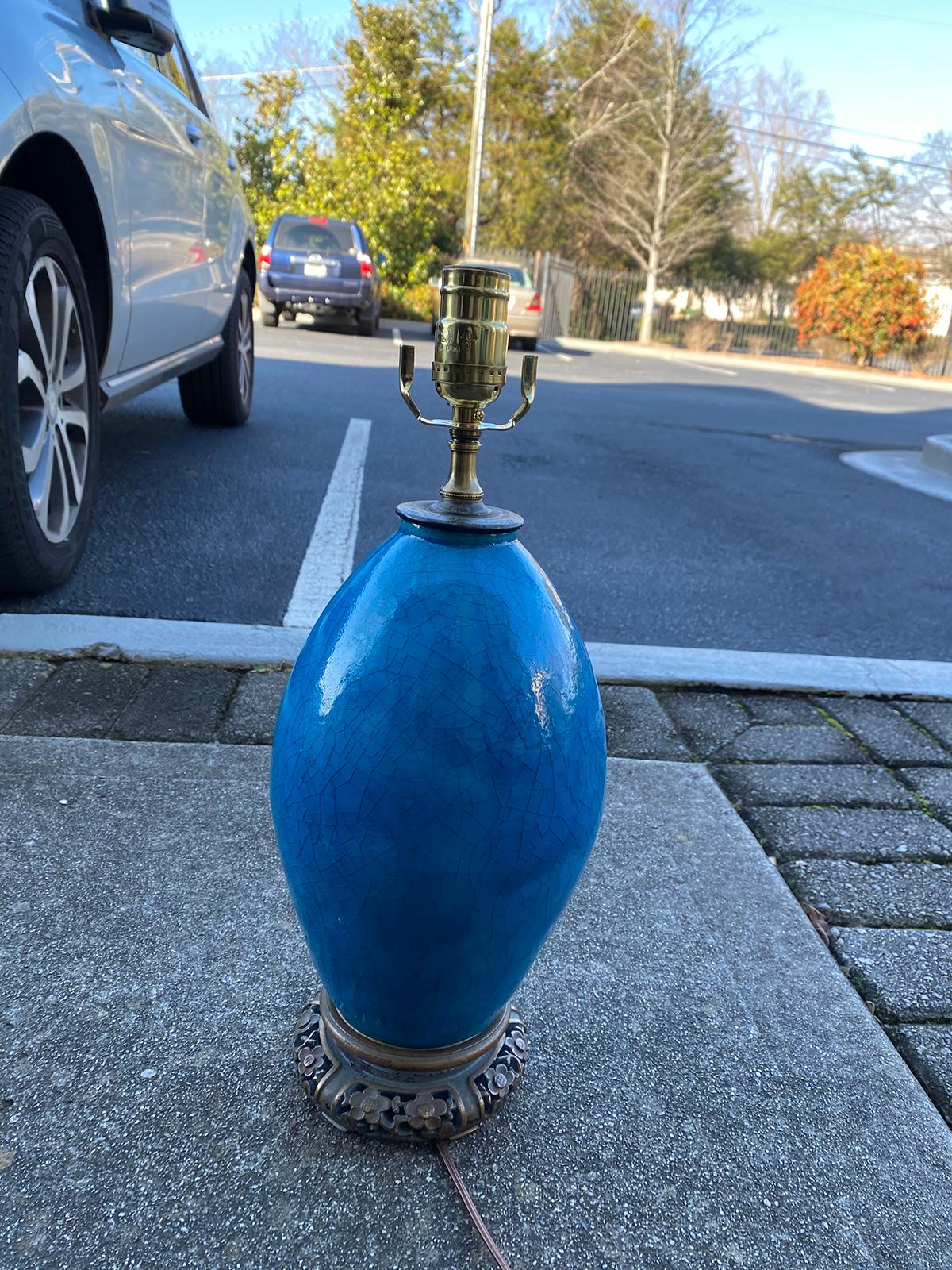 19th Century Turquoise Blue Crackle Glaze Bronze Mounted Porcelain Table Lamp 2