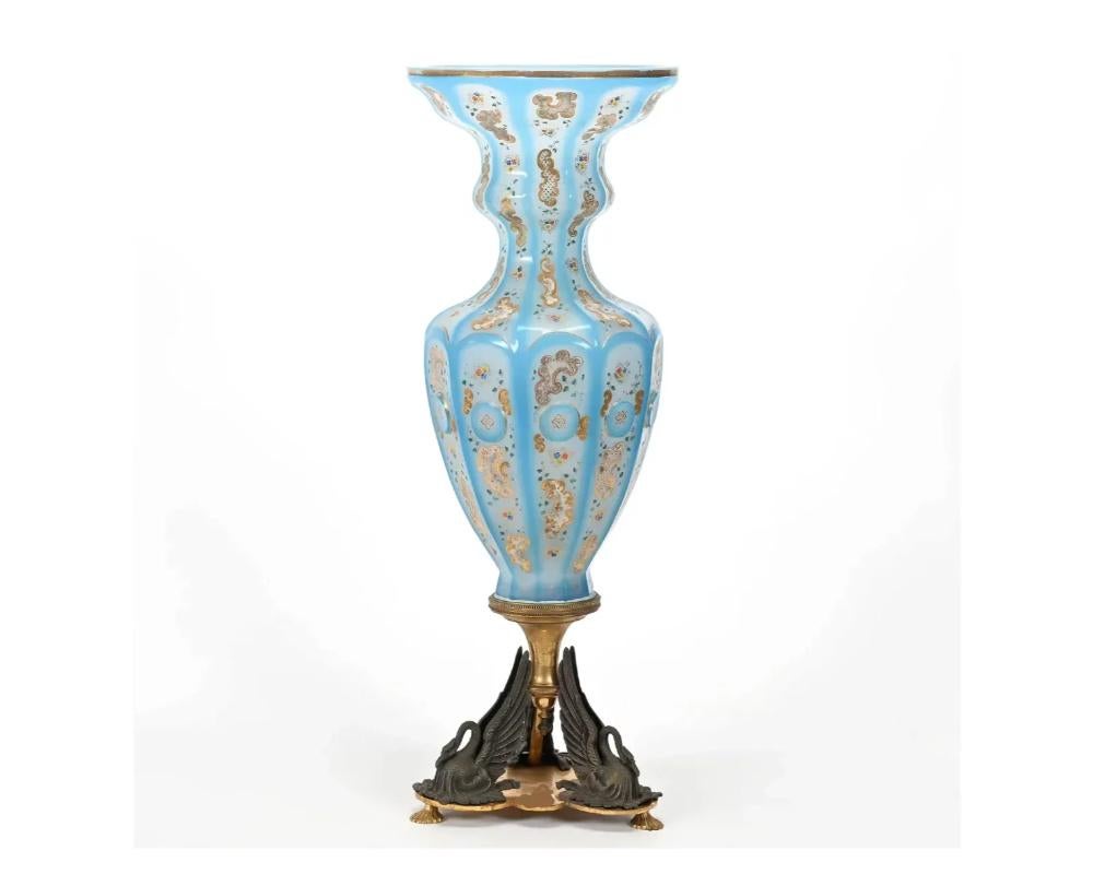 Unknown 19th Century Turquoise Blue Opaline Enameled Glass Overlay Flower Vase with Swan