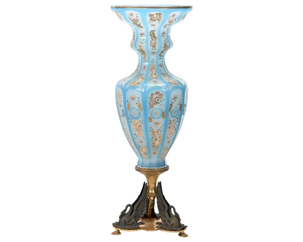 19th Century Turquoise Blue Opaline Enameled Glass Overlay Flower Vase with Swan