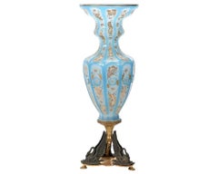 Antique 19th Century Turquoise Blue Opaline Enameled Glass Overlay Flower Vase with Swan