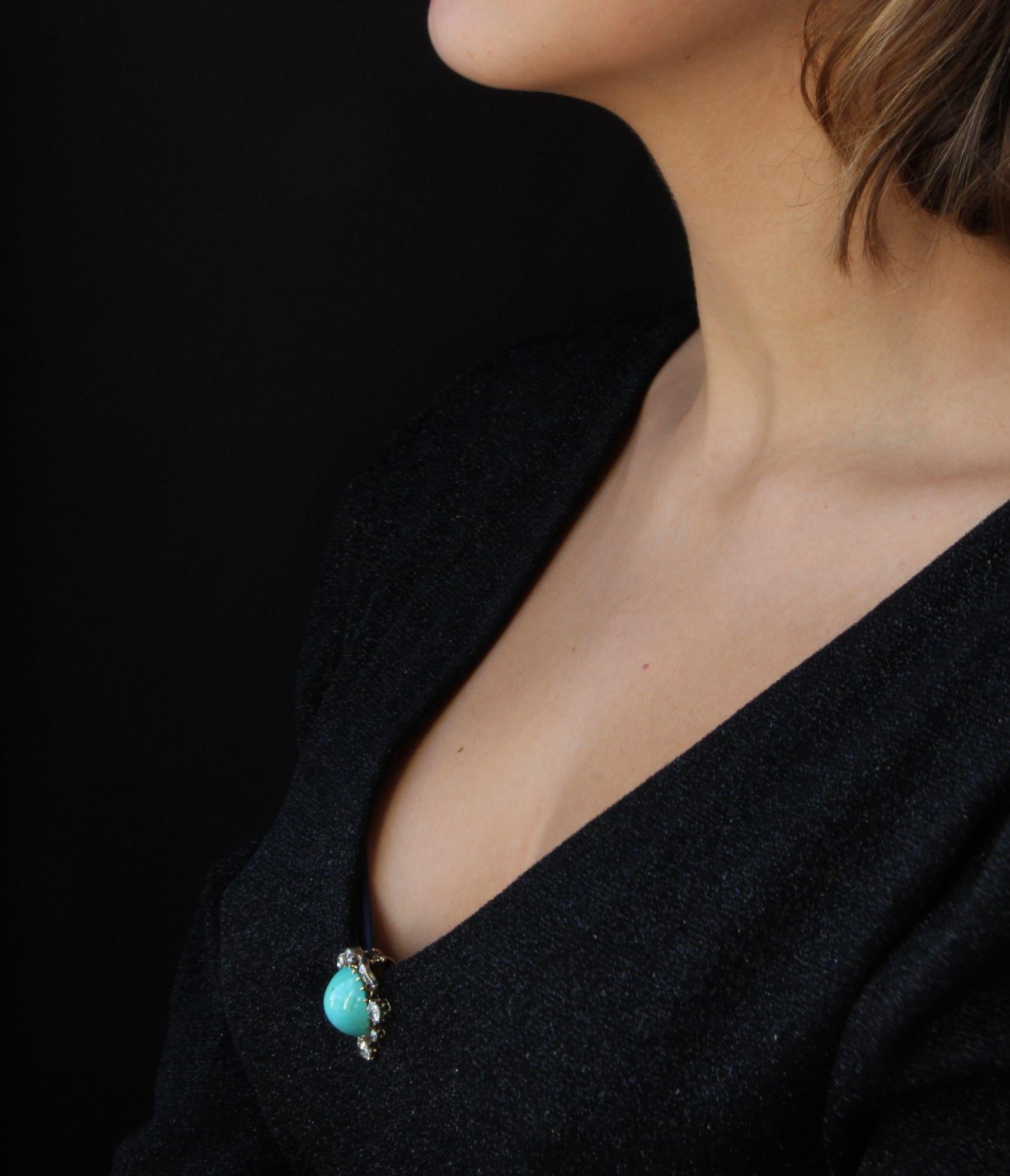 Broche  clip en argent et or jaune 18 carats avec turquoises et diamants, XIXe sicle en vente 4