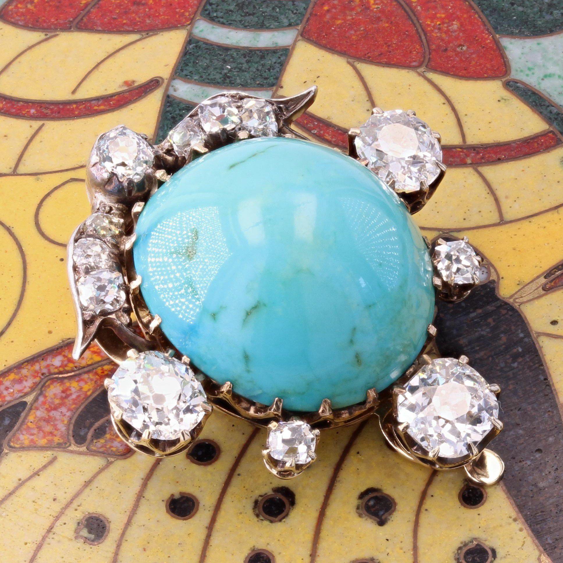 19th Century Turquoise Diamonds 18 Karat Yellow Gold Silver Clip Brooch For Sale 7