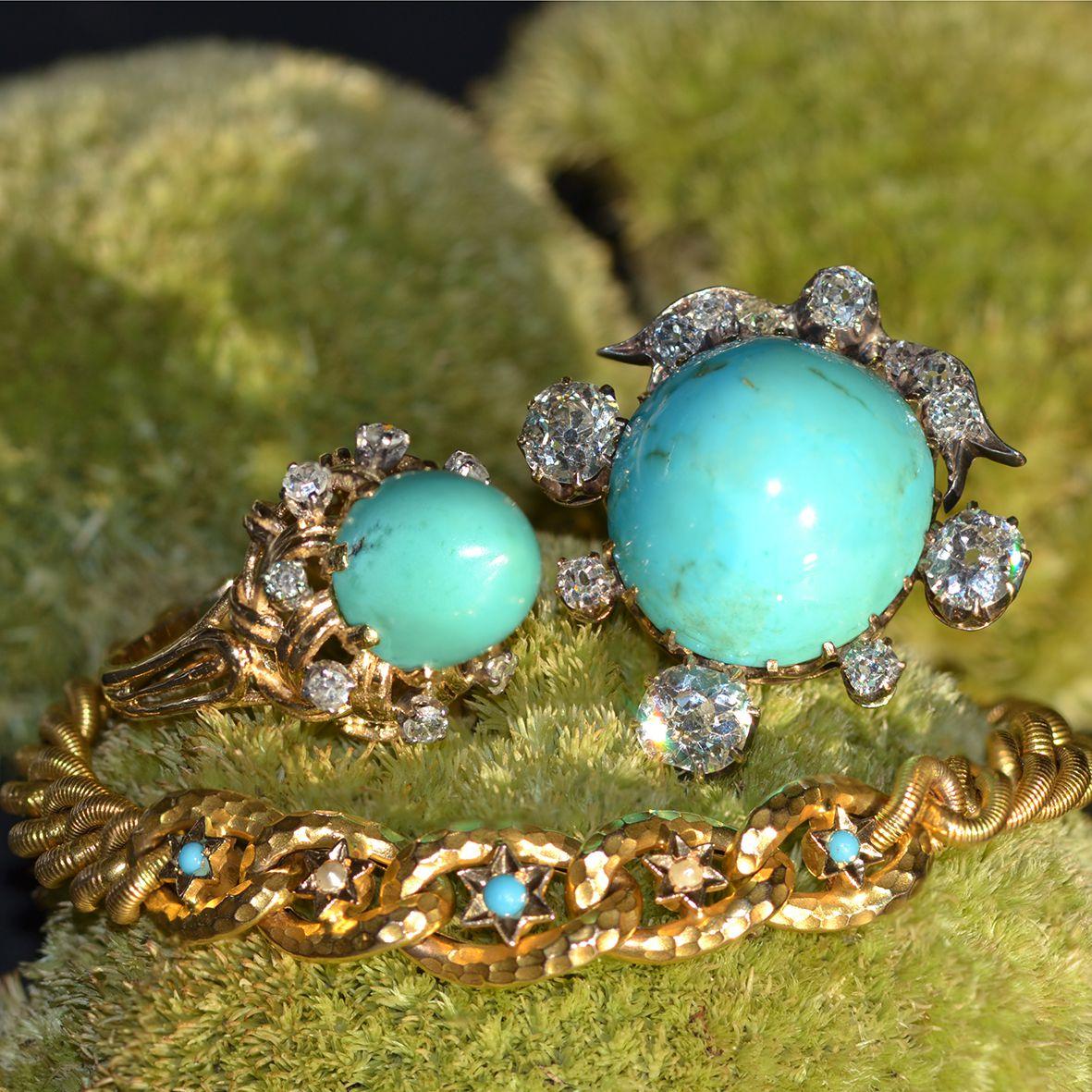 19th Century Turquoise Diamonds 18 Karat Yellow Gold Silver Clip Brooch For Sale 8