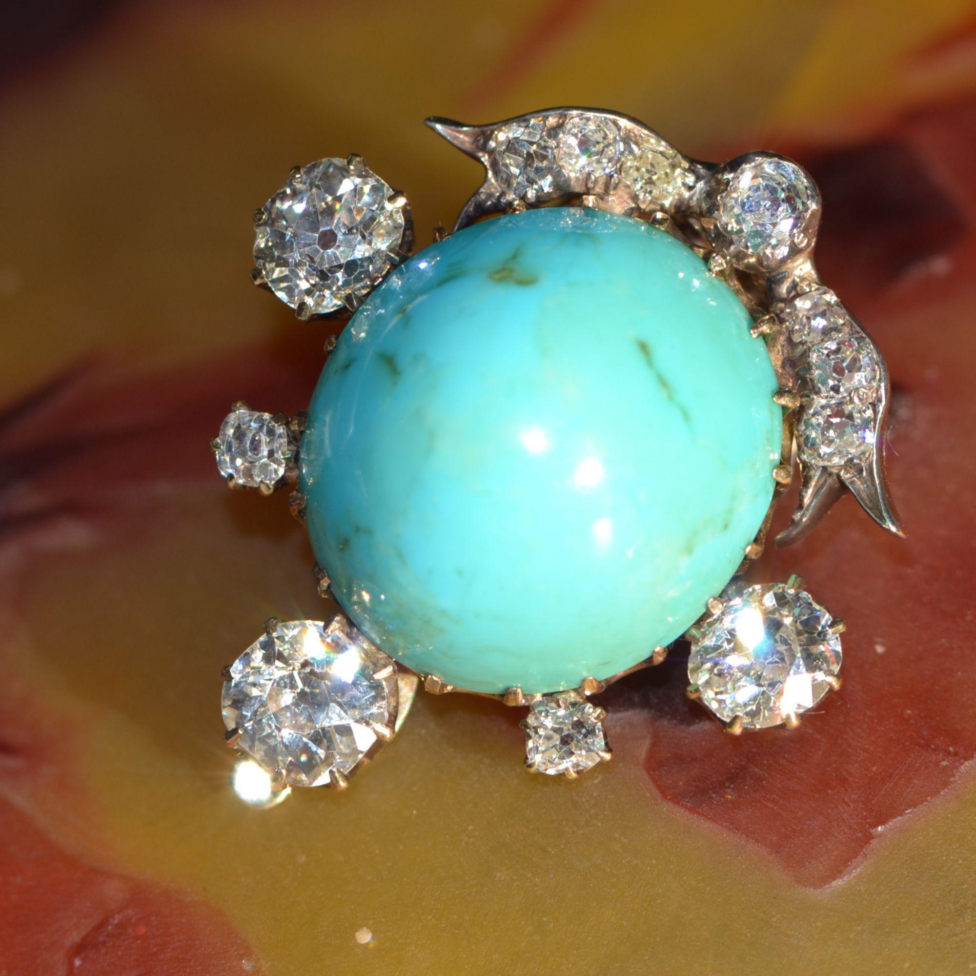 19th Century Turquoise Diamonds 18 Karat Yellow Gold Silver Clip Brooch For Sale 9