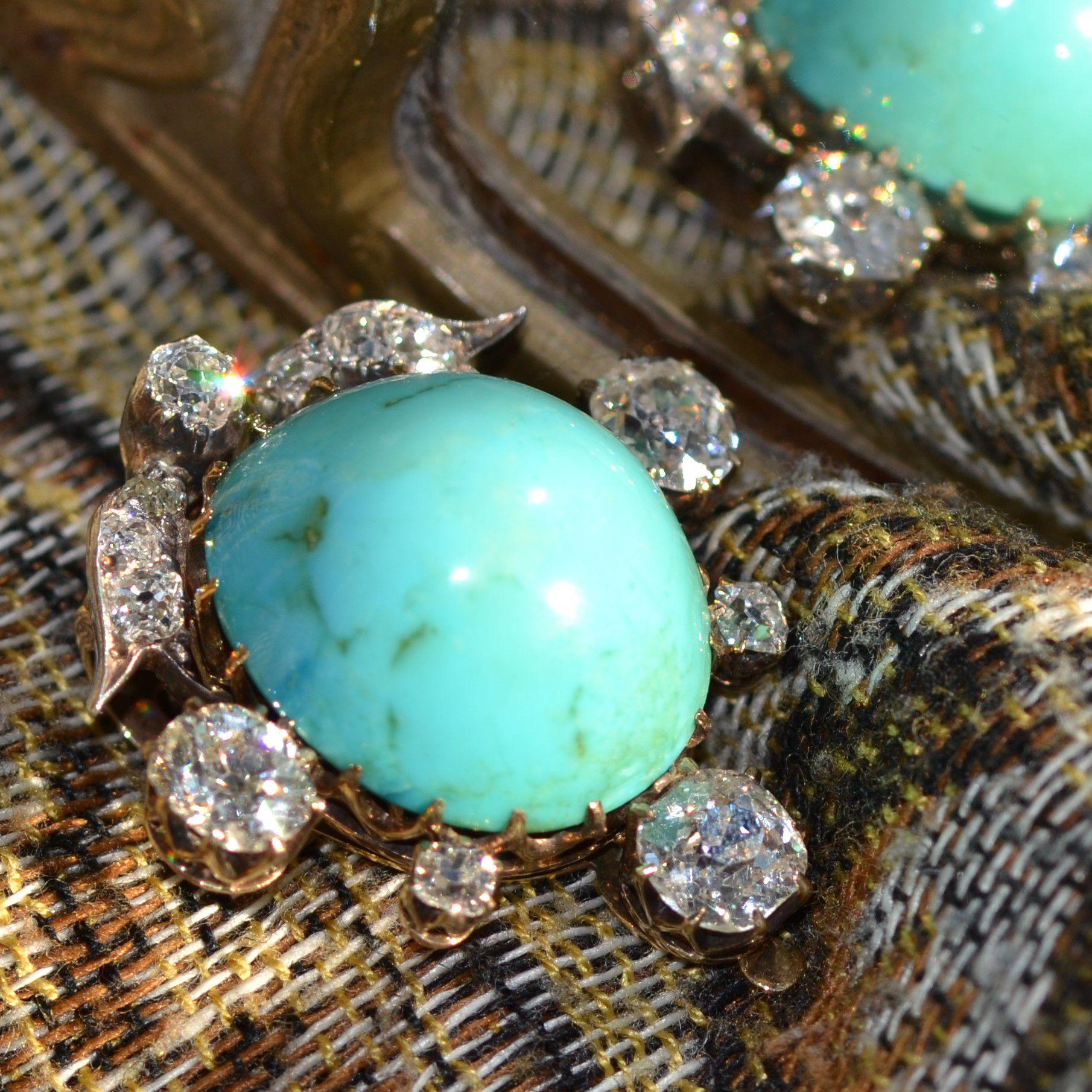 Broche  clip en argent et or jaune 18 carats avec turquoises et diamants, XIXe sicle en vente 10