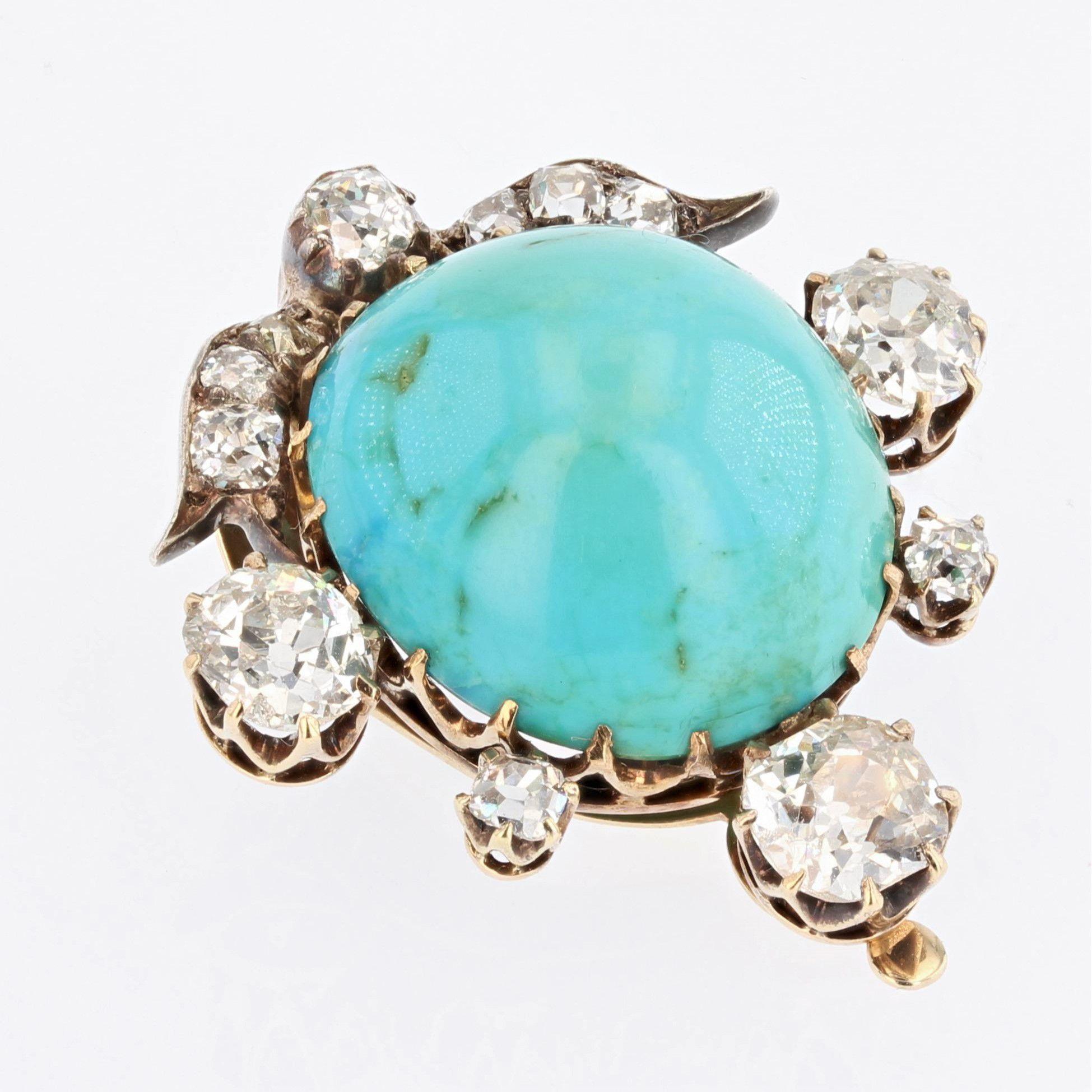 Napoleon III 19th Century Turquoise Diamonds 18 Karat Yellow Gold Silver Clip Brooch For Sale