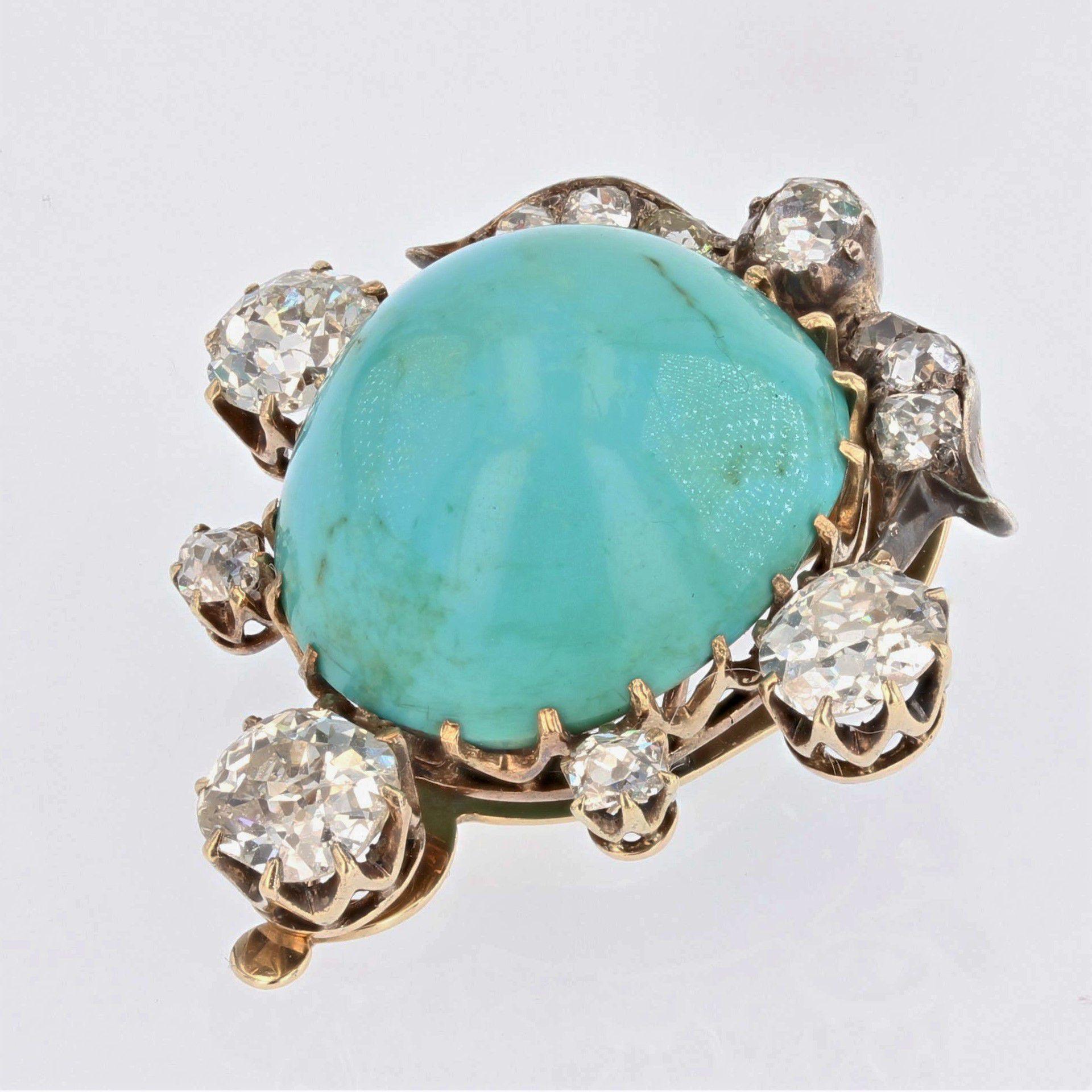 Cabochon 19th Century Turquoise Diamonds 18 Karat Yellow Gold Silver Clip Brooch For Sale
