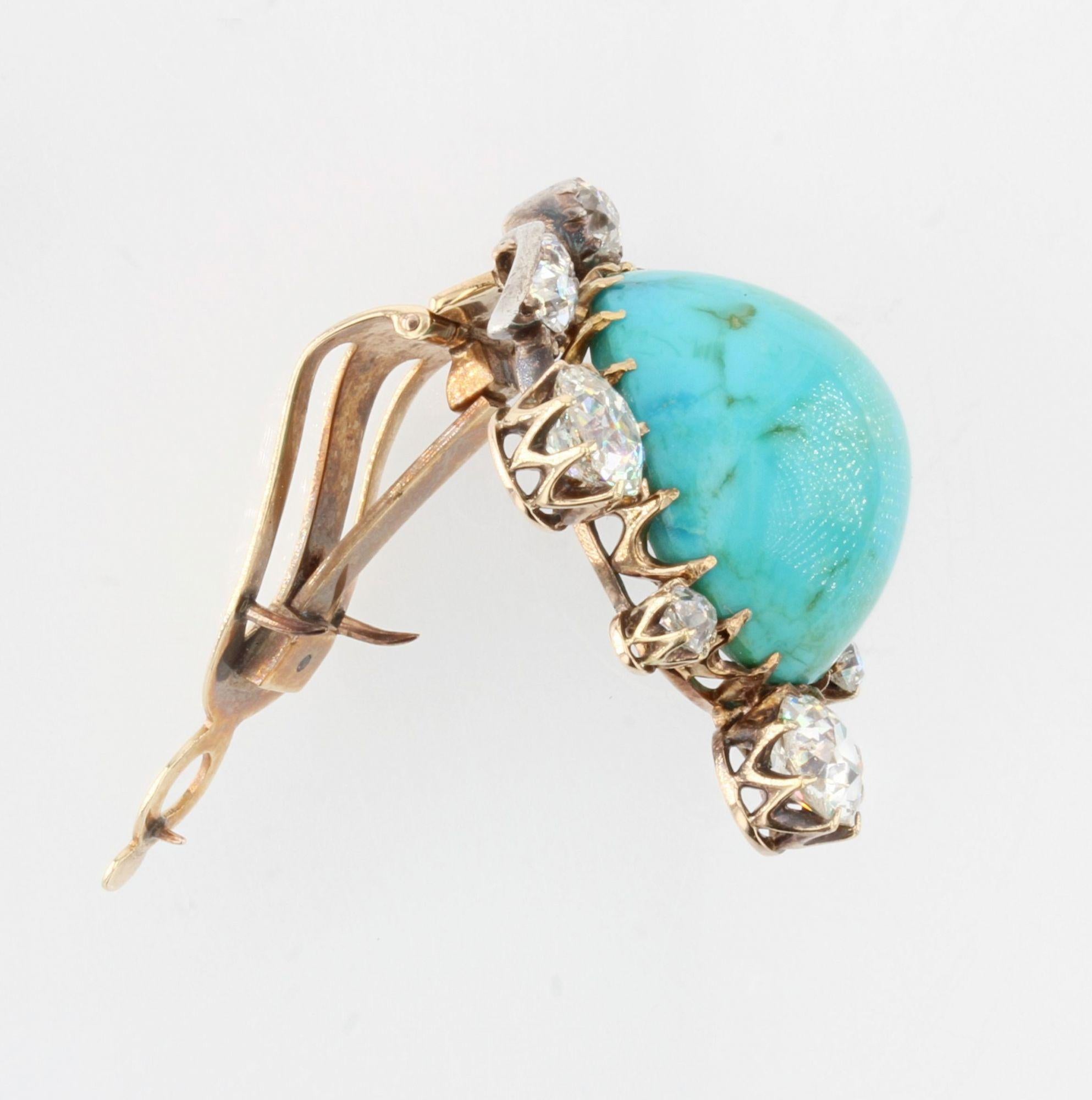 Broche  clip en argent et or jaune 18 carats avec turquoises et diamants, XIXe sicle Bon état - En vente à Poitiers, FR