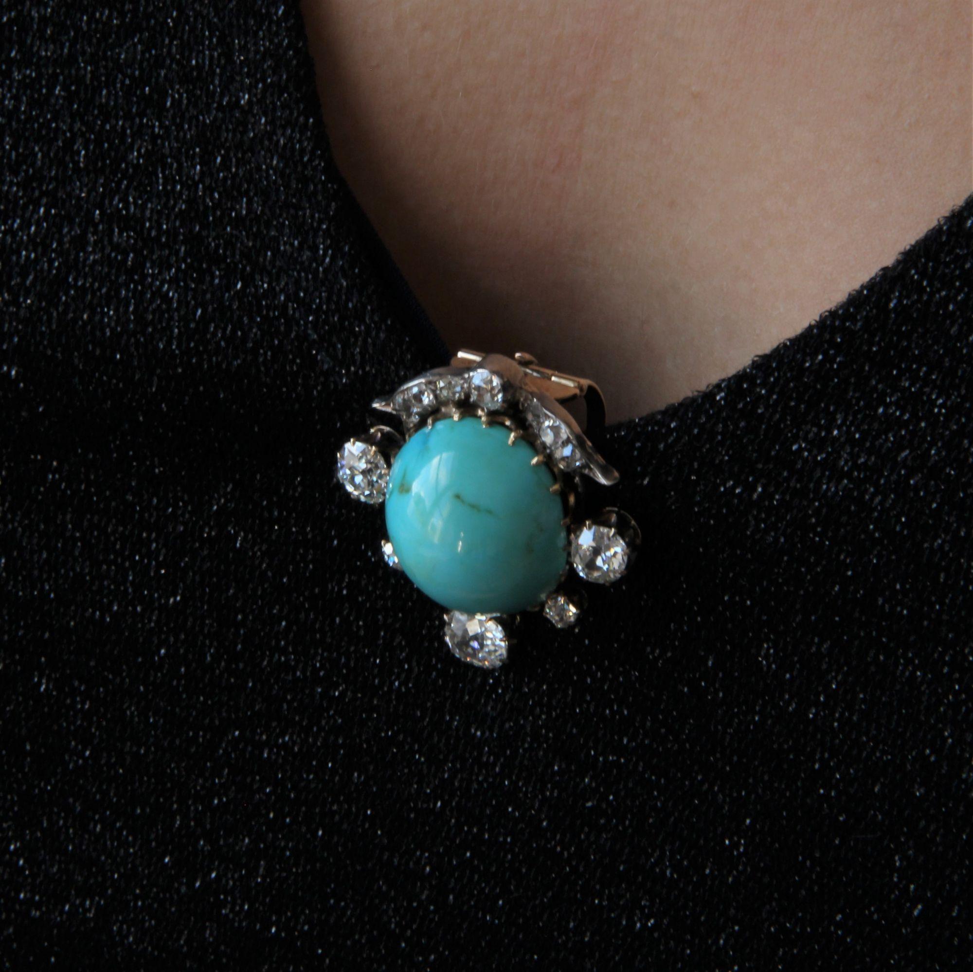Broche  clip en argent et or jaune 18 carats avec turquoises et diamants, XIXe sicle Pour femmes en vente