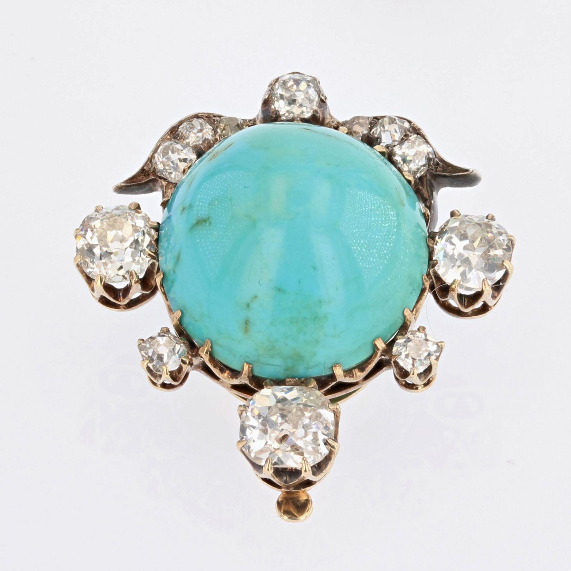 19th Century Turquoise Diamonds 18 Karat Yellow Gold Silver Clip Brooch For Sale 1