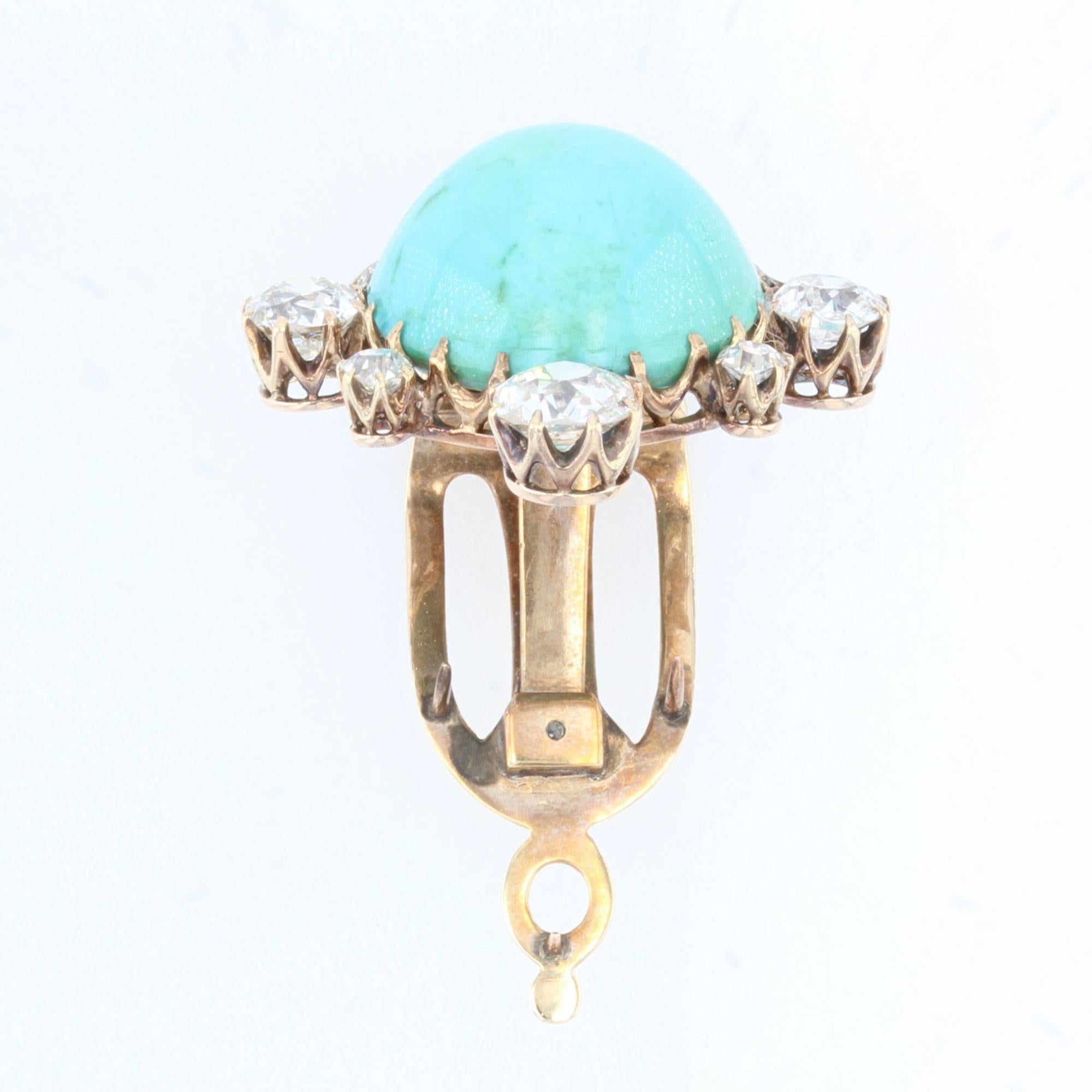 19th Century Turquoise Diamonds 18 Karat Yellow Gold Silver Clip Brooch For Sale 2