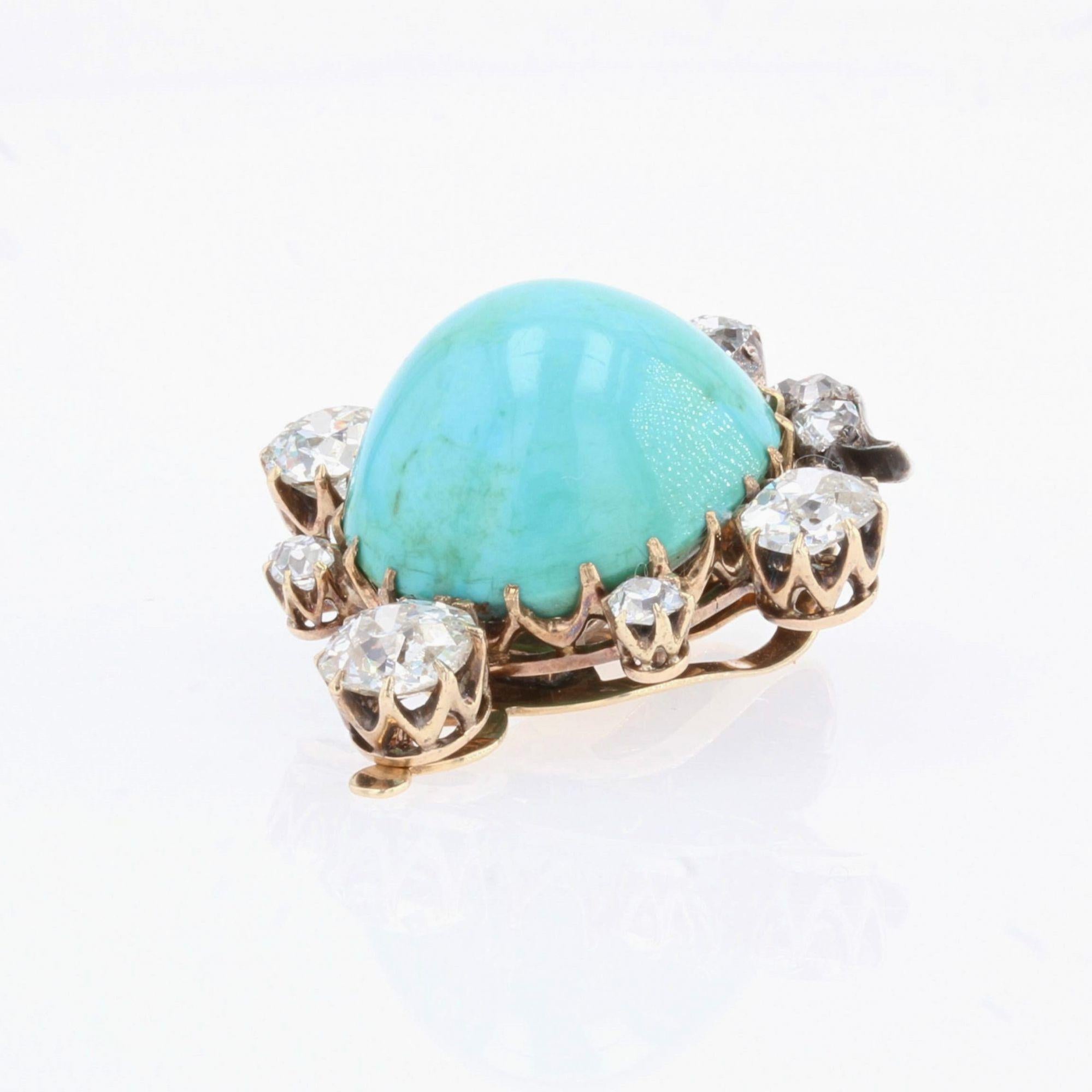 19th Century Turquoise Diamonds 18 Karat Yellow Gold Silver Clip Brooch For Sale 3