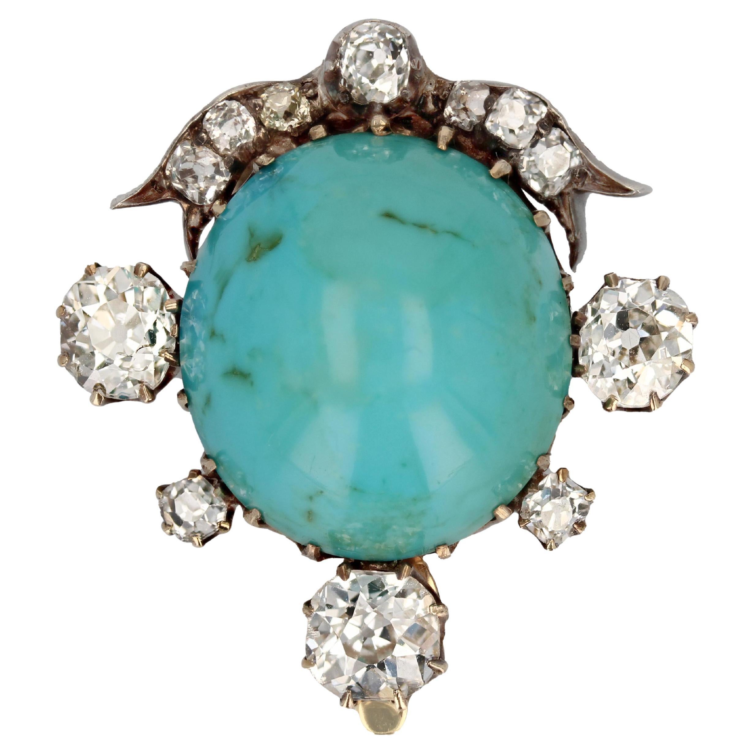 19th Century Turquoise Diamonds 18 Karat Yellow Gold Silver Clip Brooch