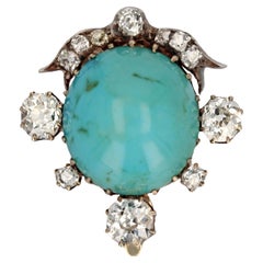 19th Century Turquoise Diamonds 18 Karat Yellow Gold Silver Clip Brooch