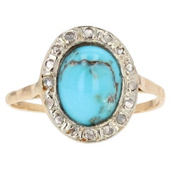 19th Century Turquoise Diamonds 18 Karat Yellow Gold Silver Oval Ring