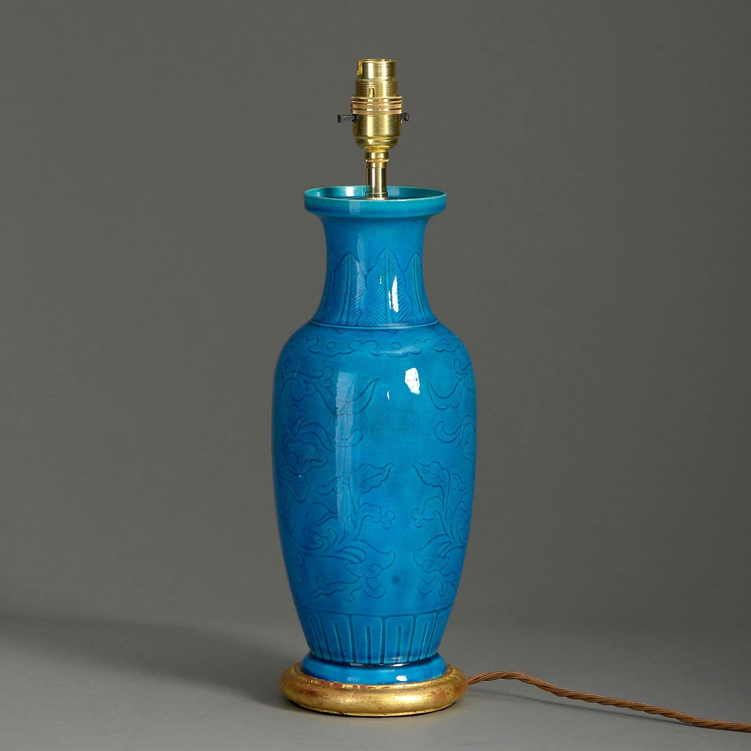 Chinese Export 19th Century Turquoise Glazed Vase Lamp