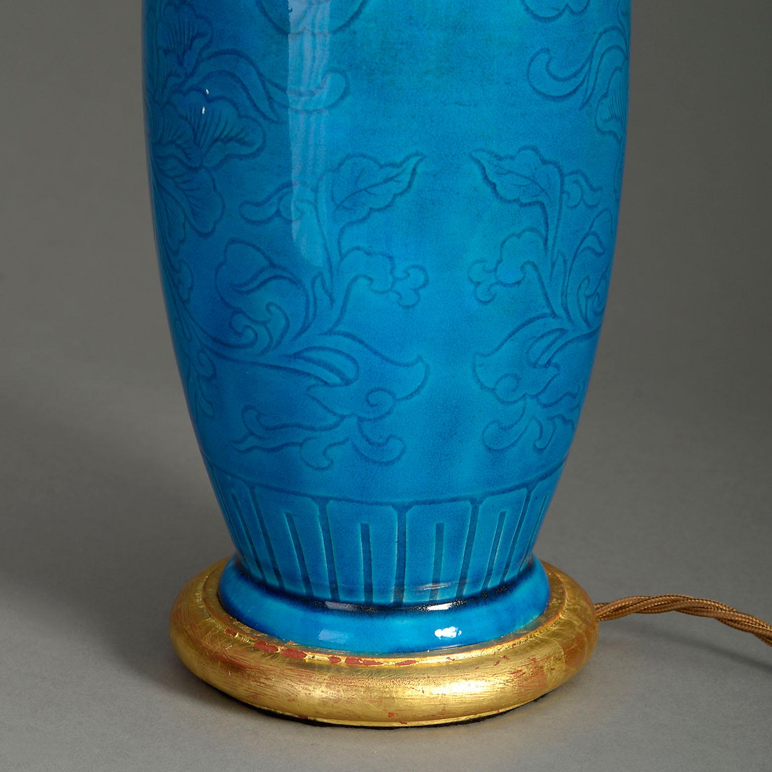 Fired 19th Century Turquoise Glazed Vase Lamp