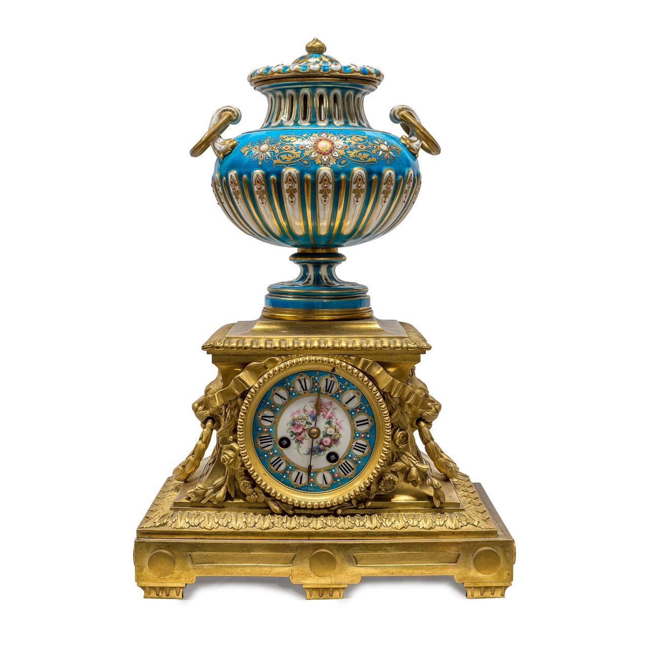 French 19th Century Turquoise Sèvres Style Jeweled Porcelain and Ormolu Clock Set For Sale