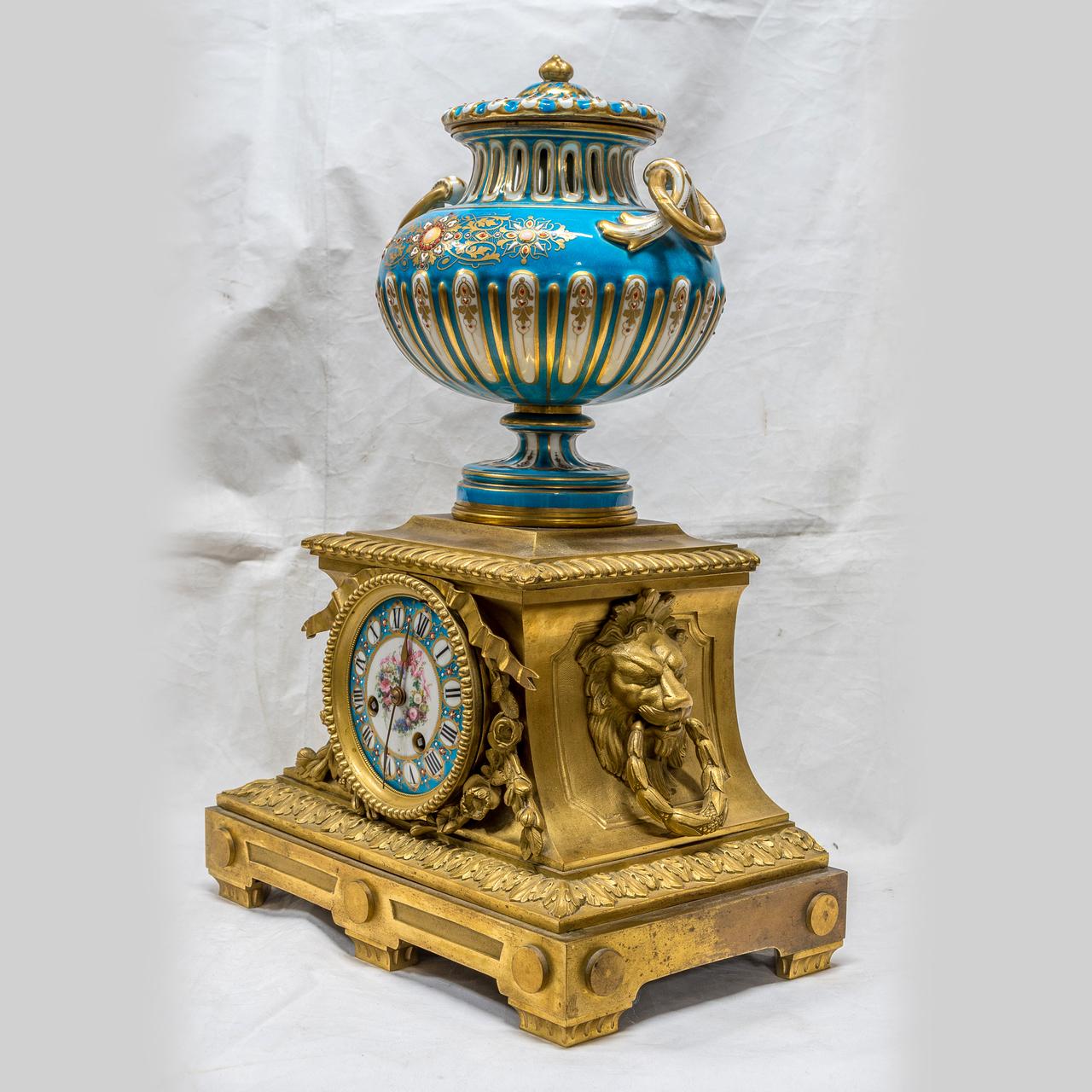 Gilt 19th Century Turquoise Sèvres Style Jeweled Porcelain and Ormolu Clock Set For Sale