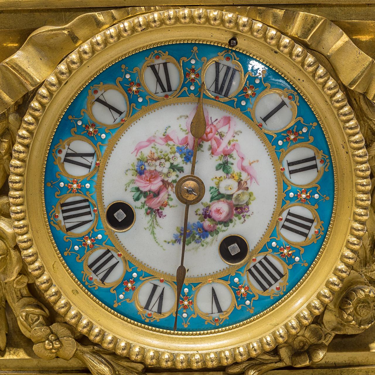 19th Century Turquoise Sèvres Style Jeweled Porcelain and Ormolu Clock Set For Sale 2
