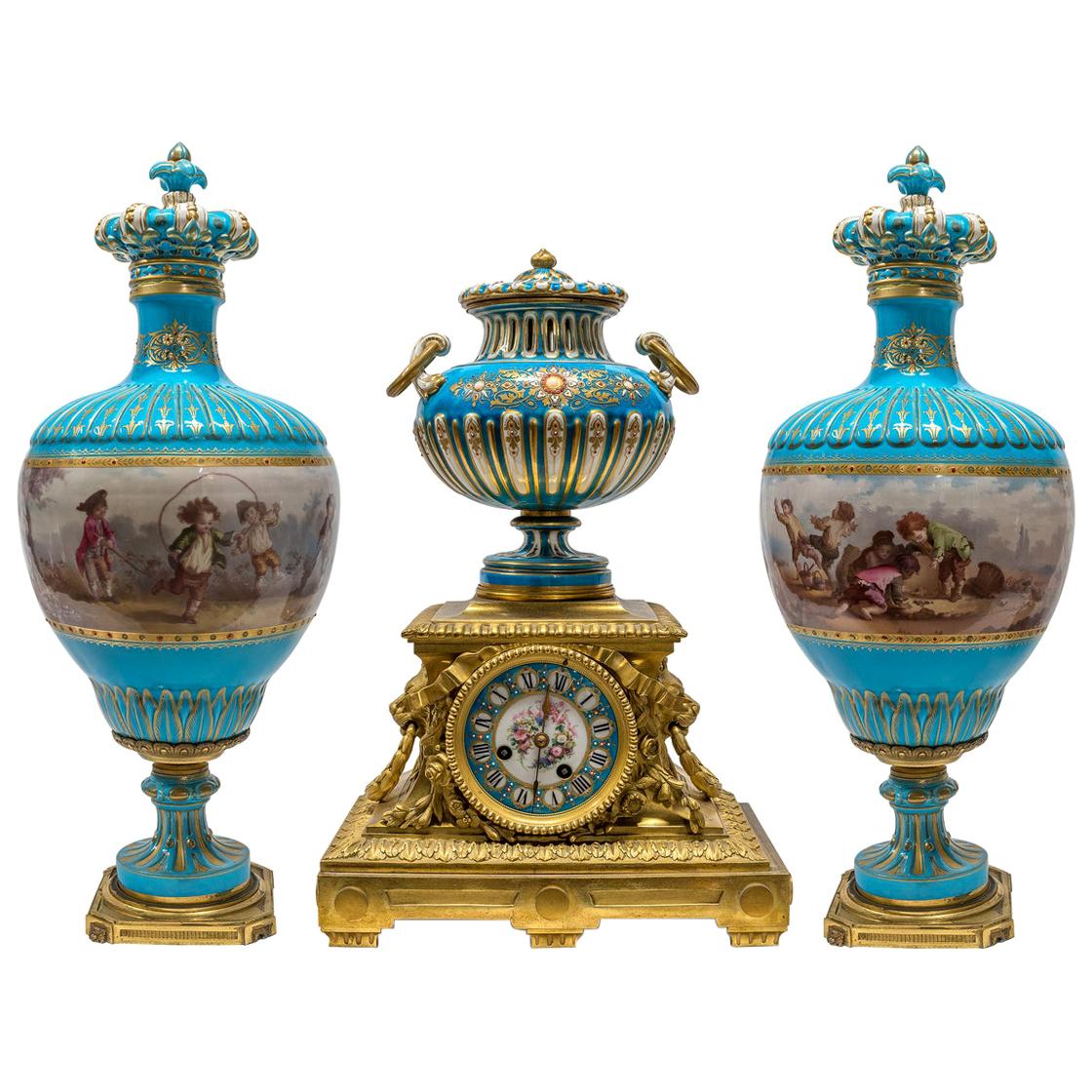 19th Century Turquoise Sèvres Style Jeweled Porcelain and Ormolu Clock Set For Sale