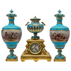 19th Century Turquoise Sèvres Style Jeweled Porcelain and Ormolu Clock Set