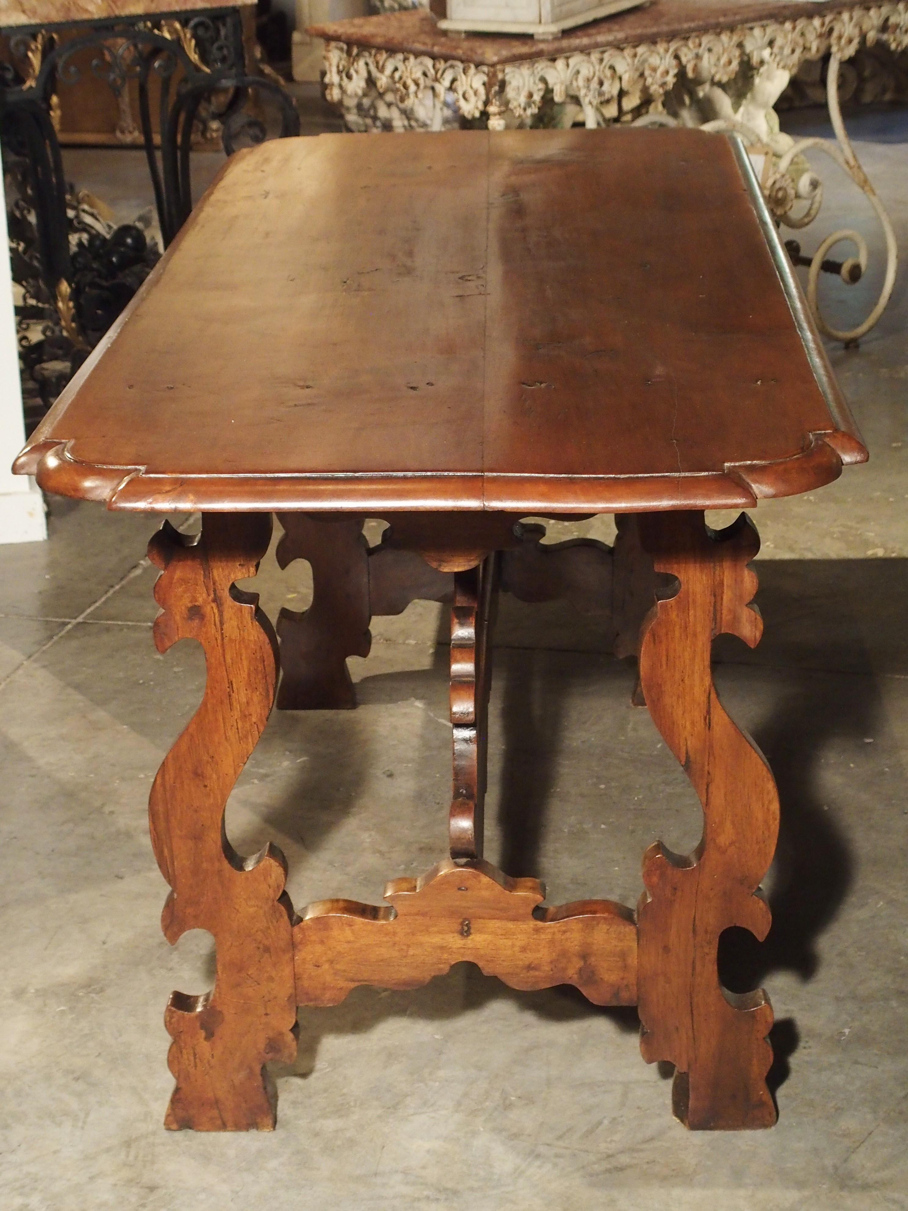 19th Century Tuscan Walnut Table with Shaped Wooden Stretchers 13