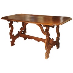 Antique 19th Century Tuscan Walnut Table with Shaped Wooden Stretchers