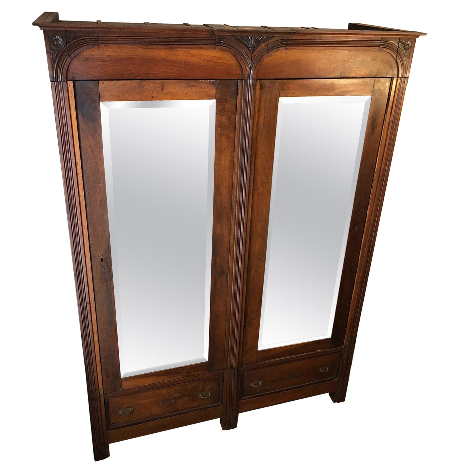 1880s Tuscan Wardrobe Solid Walnut Ground Mirrors Restored Wax Polished