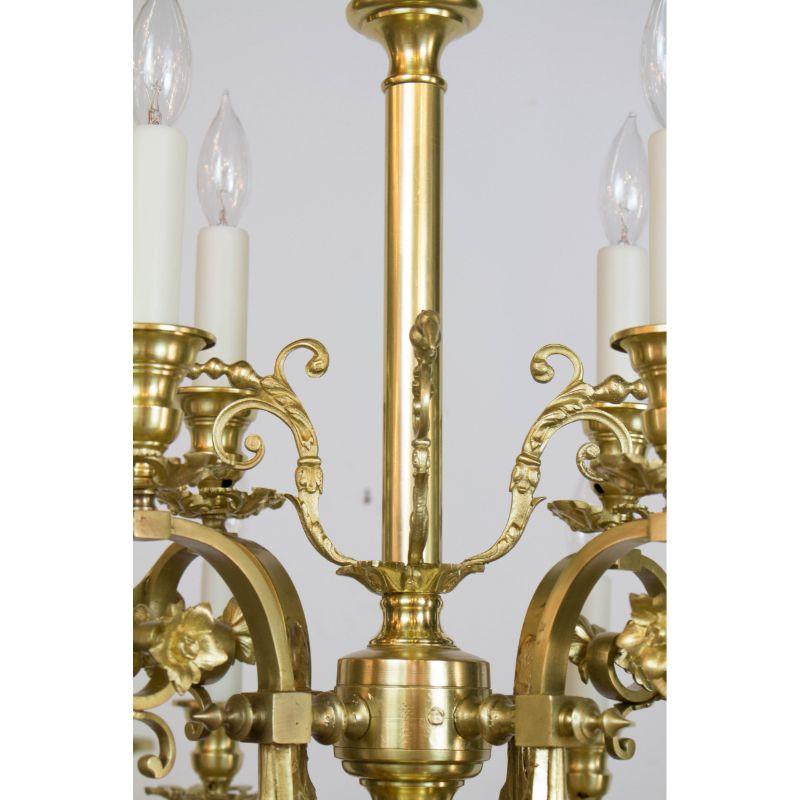 Twelve light chandelier, originally gas. Completely restored and rewired. Ready for installation. Continental, C. 1860. 40? is the total current height, please inquire about height adjustments for your space.

Dimensions:
height: 40