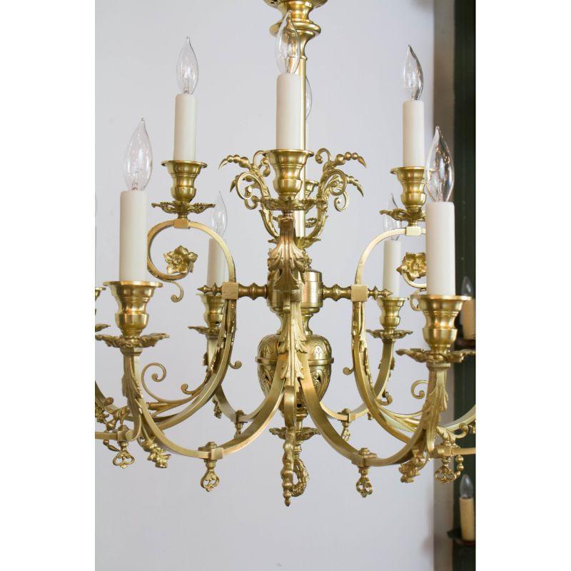 Renaissance Revival 19th Century Twelve Light Continental Brass Gas Chandelier For Sale