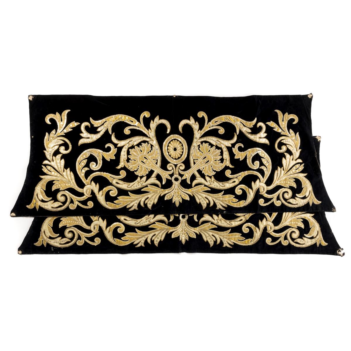 This lot features two Portuguese altar cloths from the 19th century, remarkable examples of sacred textile craftsmanship. Fashioned from rich velvet, a fabric traditionally reserved for important liturgical settings, each cloth is decorated with