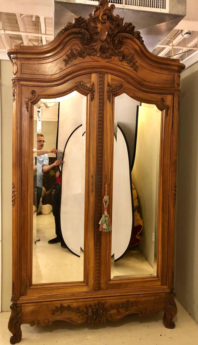 19th Century Two Door Bevelled Mirror Front Armoire Wardrobe Louis Xv Style
