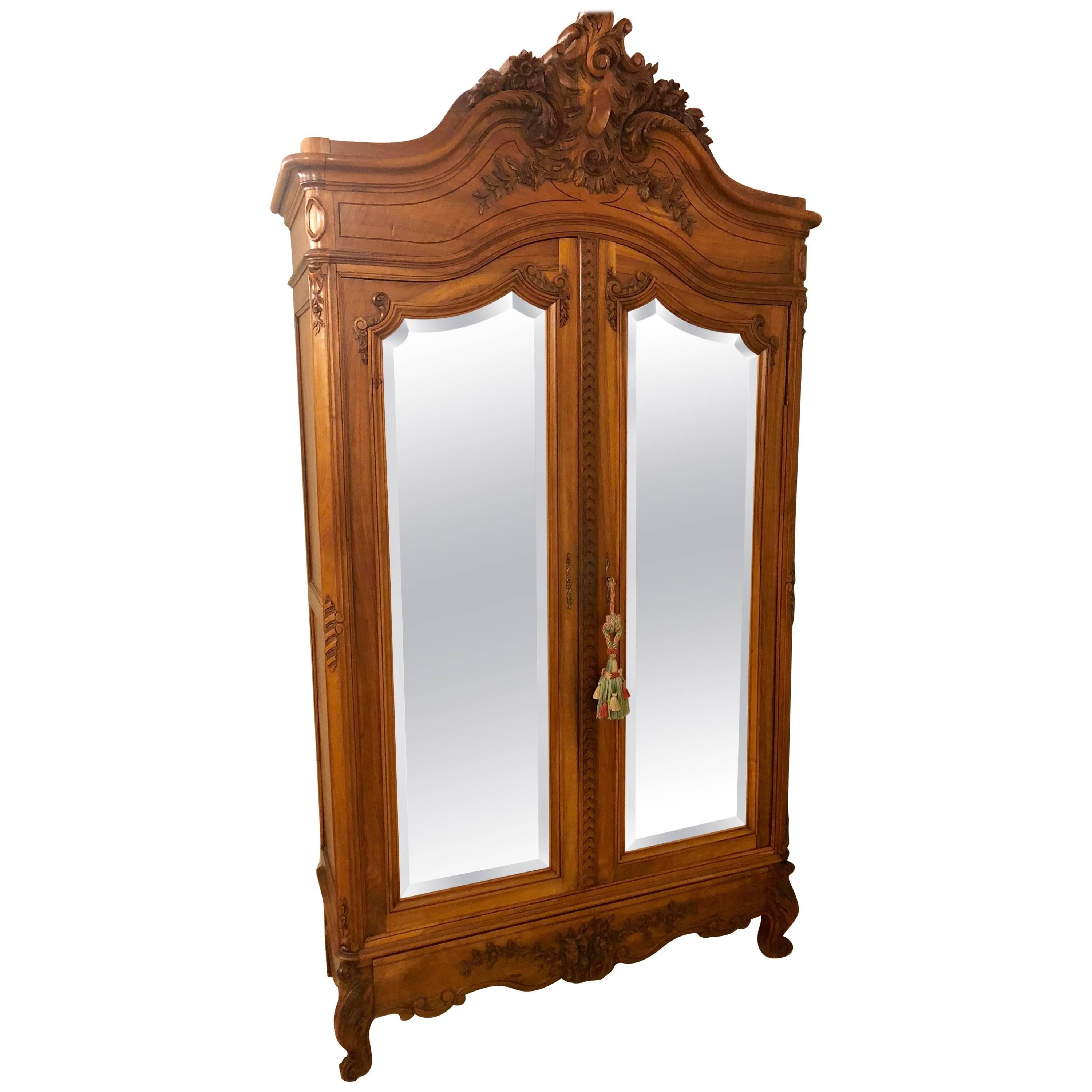 19th Century Two-Door Bevelled Mirror Front Armoire / Wardrobe Louis XV Style